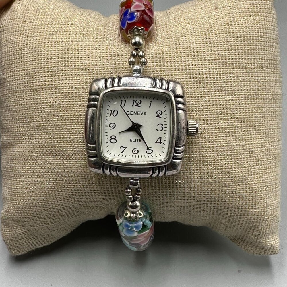 Geneva Watch Women Silver Tone Floral Glass Bead Bracelet New Battery 7 Inch